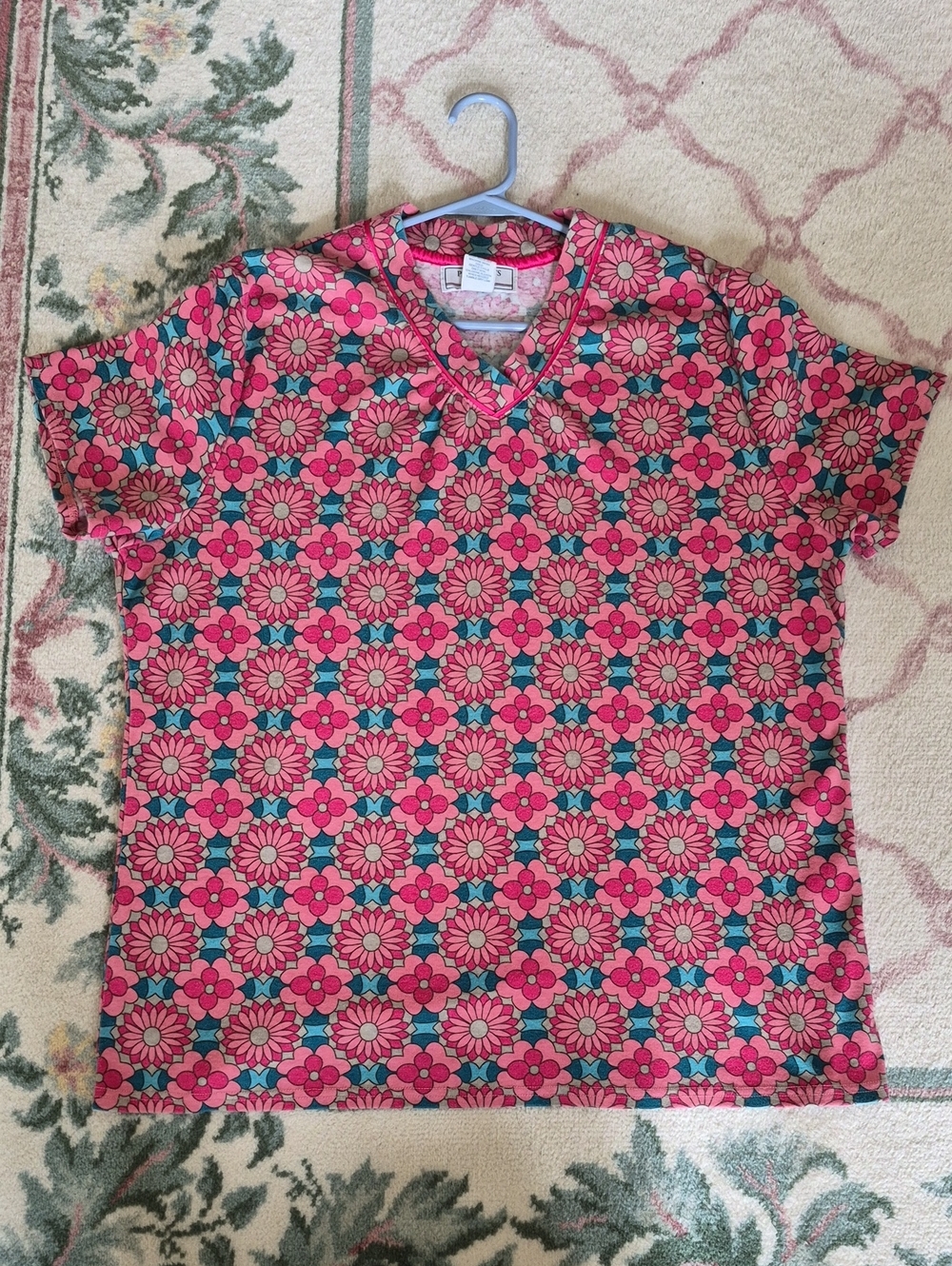 Passport Pink & Teal Floral Short-Sleeve Shirt. Women's Size 2X